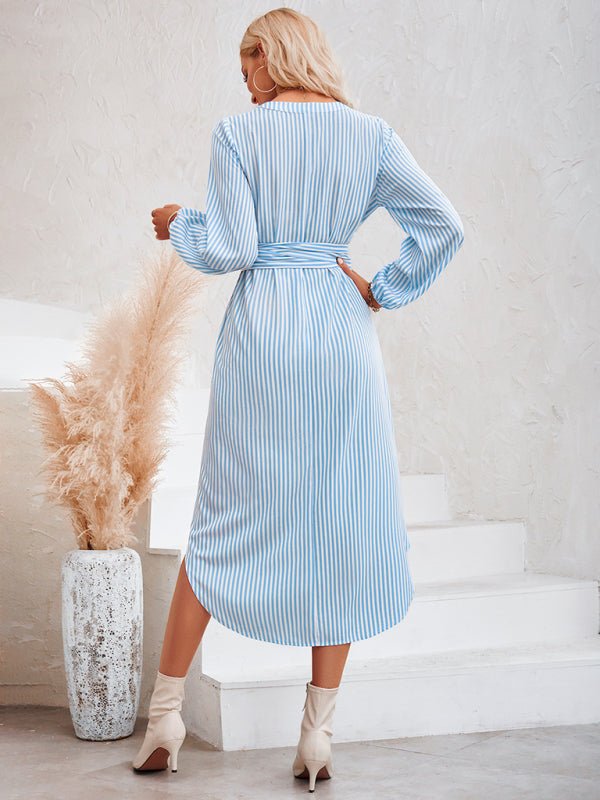 Casual V - neck striped tie waist shirt dress - Formal Dress