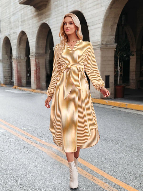 Casual V - neck striped tie waist shirt dress - Formal Dress