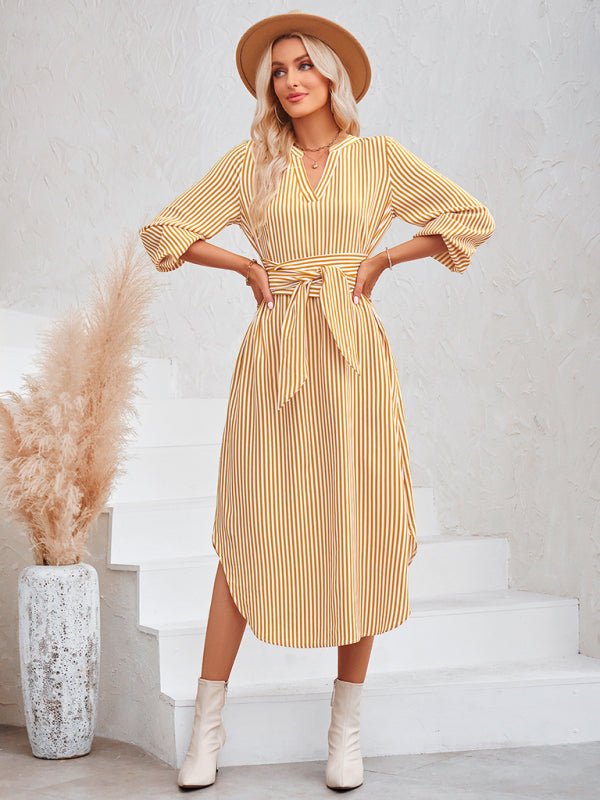 Casual V - neck striped tie waist shirt dress - Formal Dress