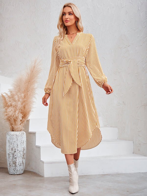Casual V - neck striped tie waist shirt dress - Formal Dress