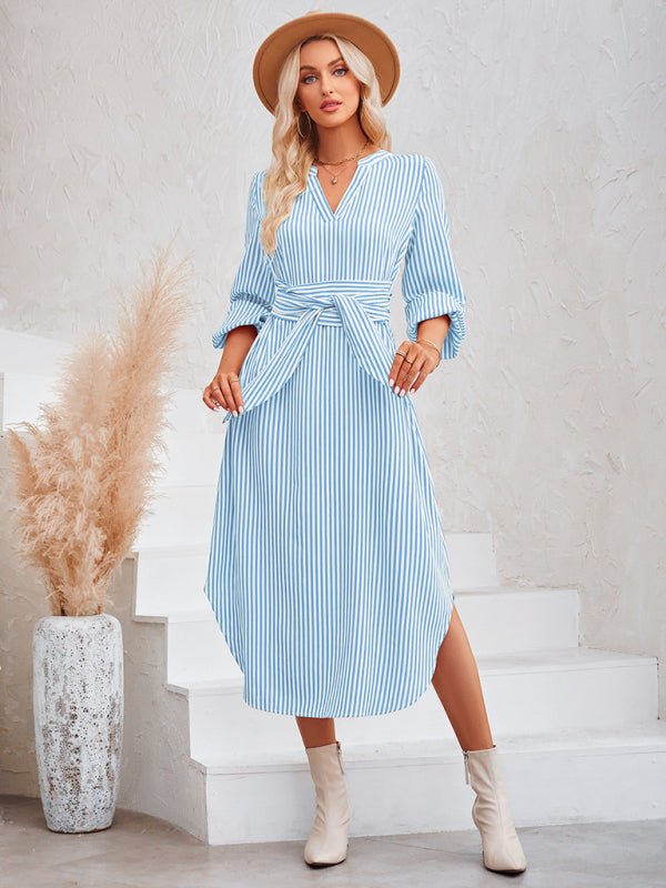 Casual V - neck striped tie waist shirt dress - Formal Dress