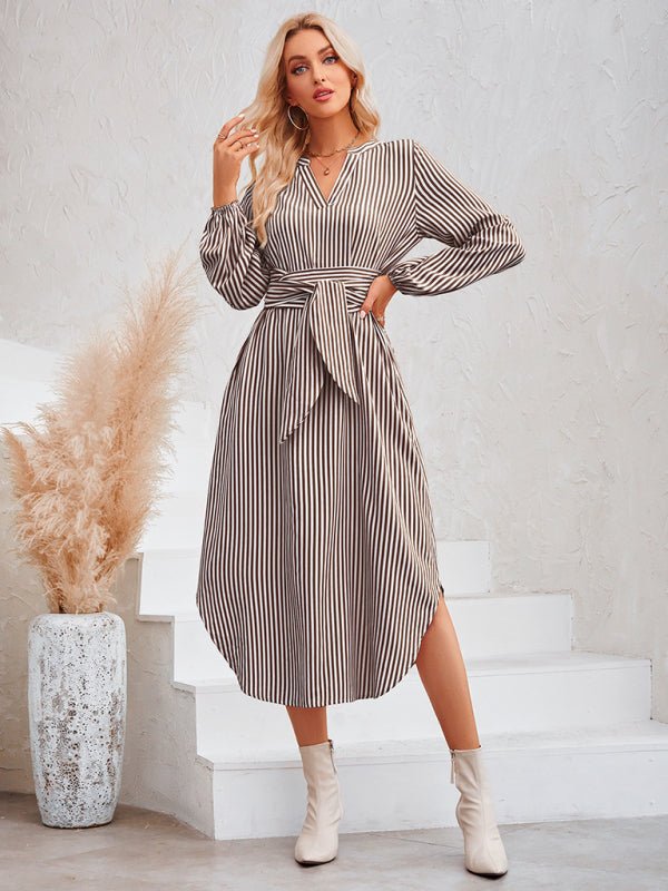 Casual V - neck striped tie waist shirt dress - Formal Dress