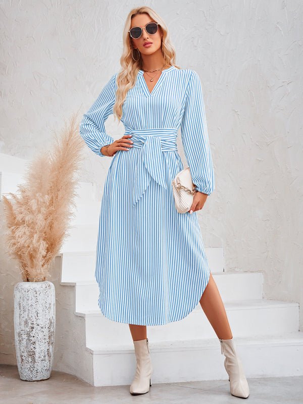 Casual V - neck striped tie waist shirt dress - Formal Dress