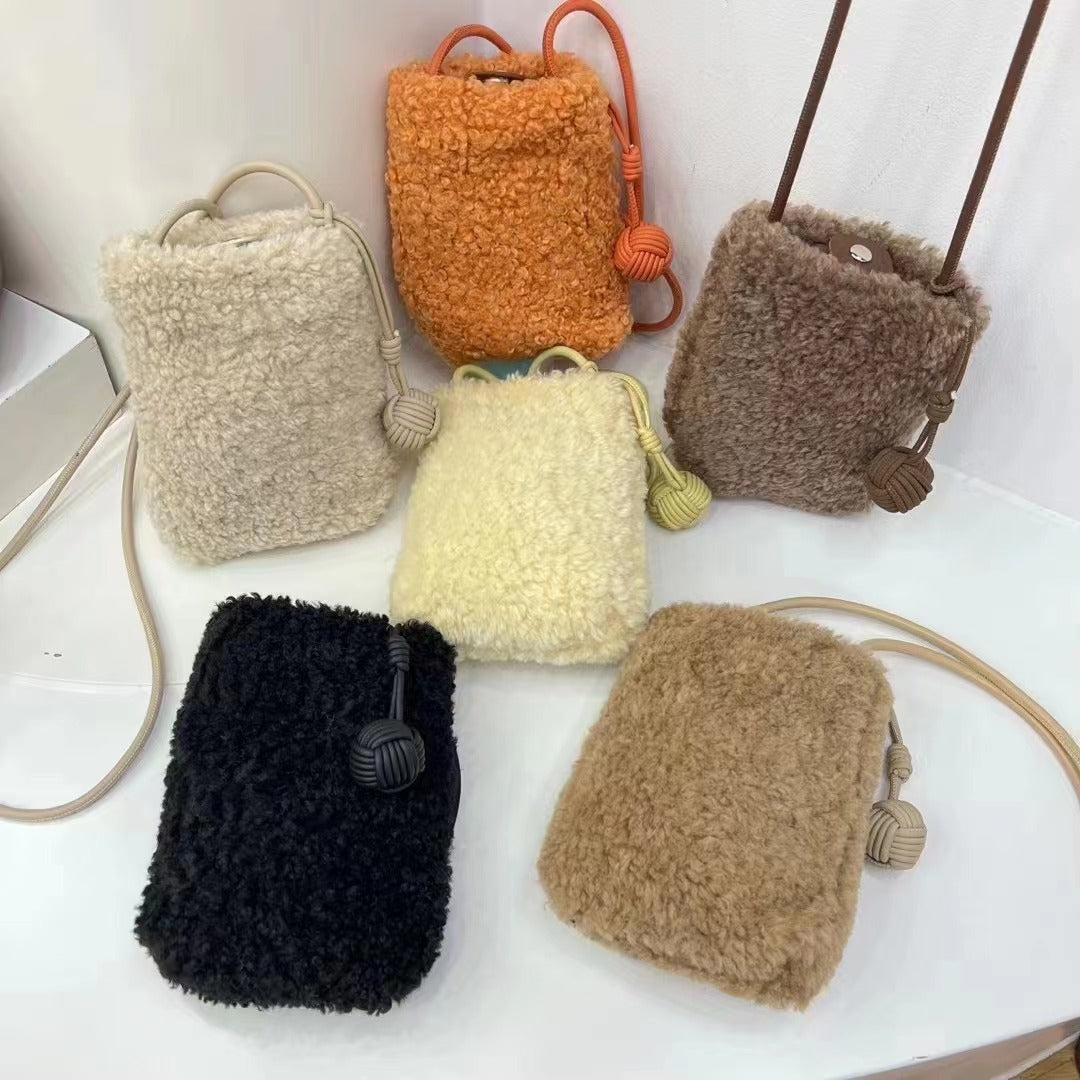 Fashion Crossbody Women Bag Lamb Fur Cute Little Ball Ornaments Mobile Phone Compact Mini