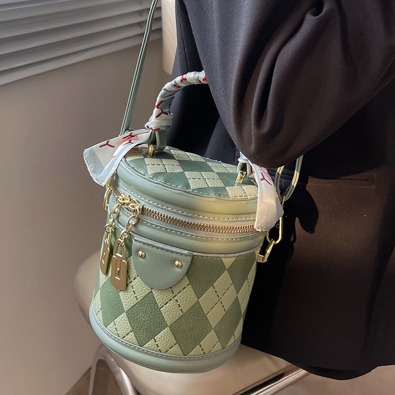 Round Bag Female Bag Ling Lattice Crossbody Bag Portable Bucket Bag Female