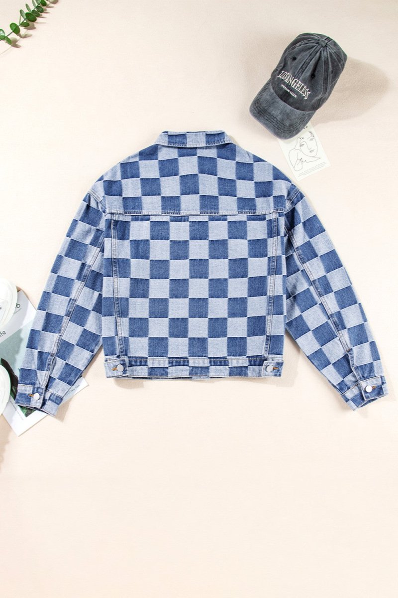 Checkered Button Up Long Sleeve Denim Jacket - Outerwear