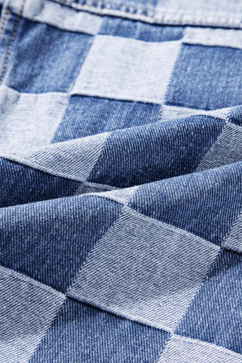 Checkered Button Up Long Sleeve Denim Jacket - Outerwear