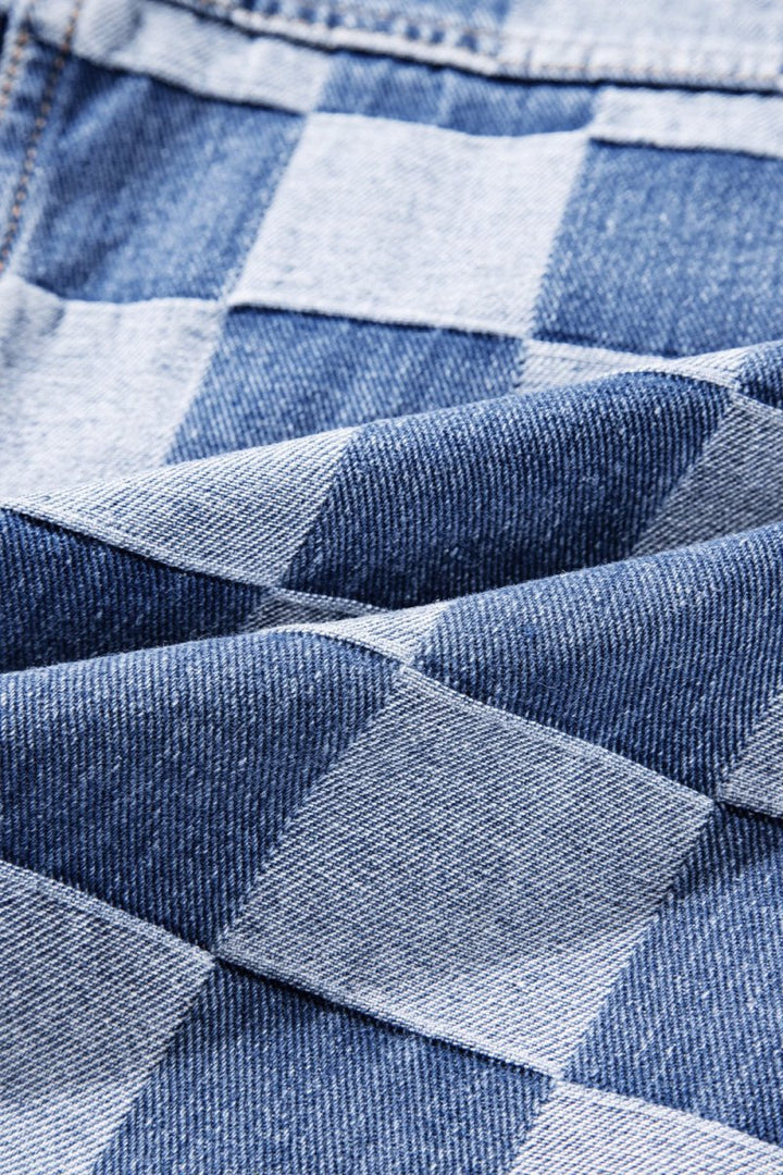 Checkered Button Up Long Sleeve Denim Jacket - Outerwear