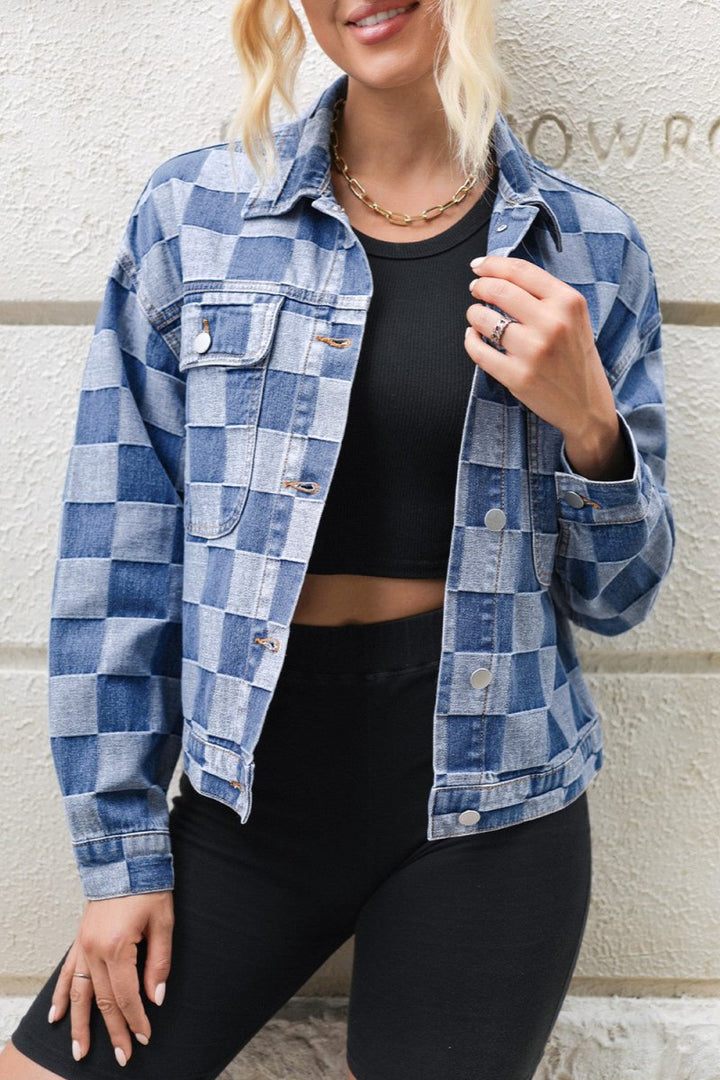 Checkered Button Up Long Sleeve Denim Jacket - Outerwear