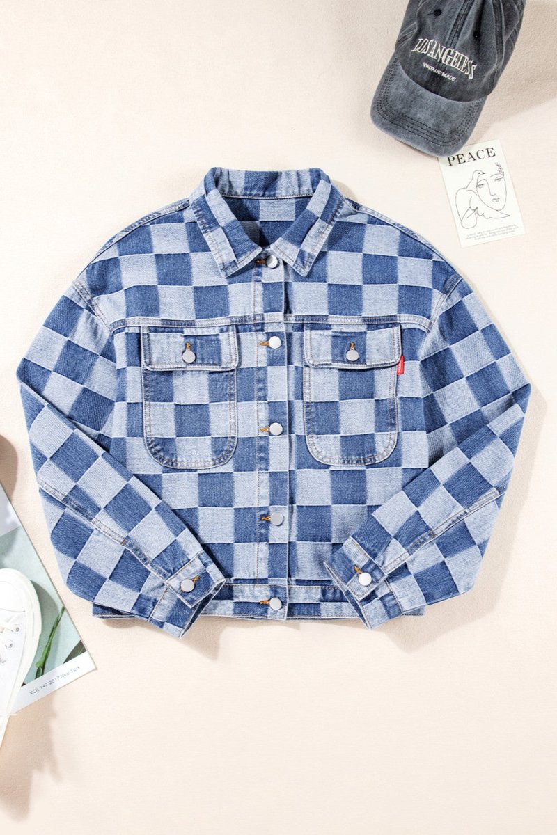 Checkered Button Up Long Sleeve Denim Jacket - Outerwear