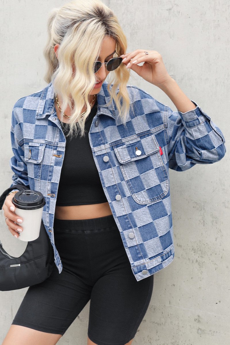 Checkered Button Up Long Sleeve Denim Jacket - Outerwear