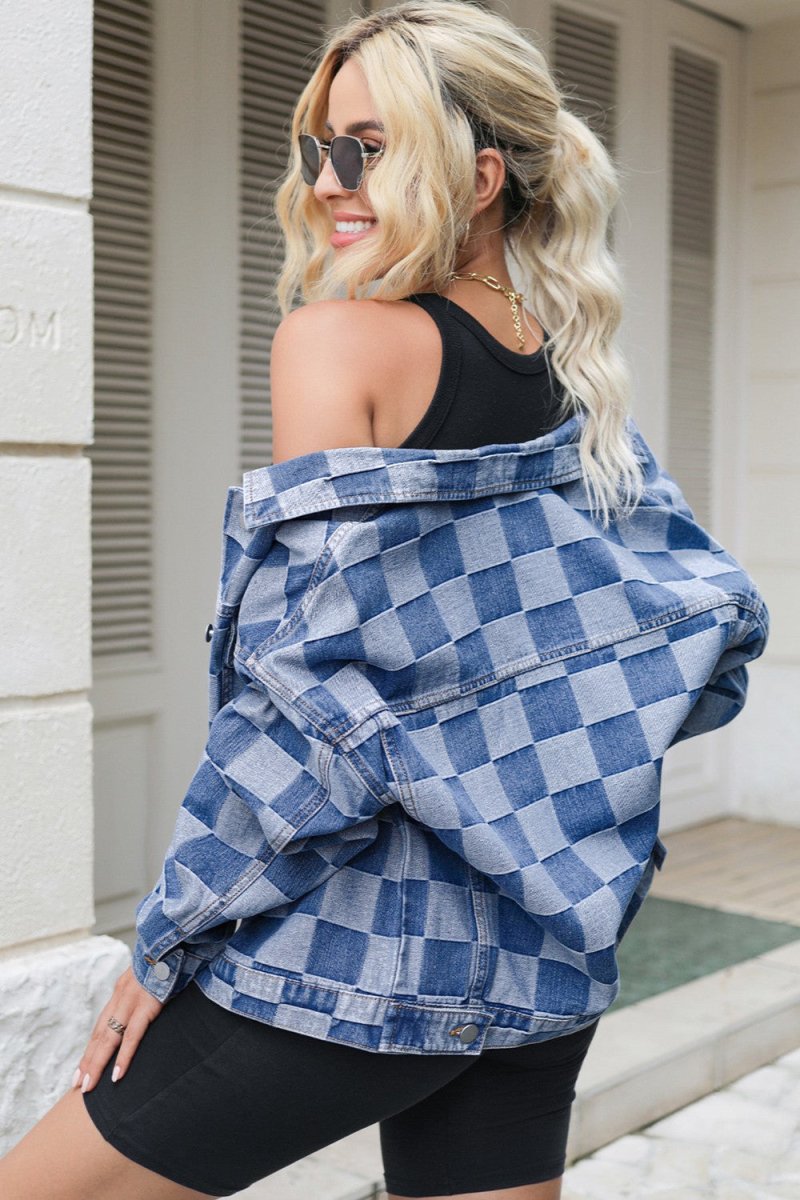 Checkered Button Up Long Sleeve Denim Jacket - Outerwear