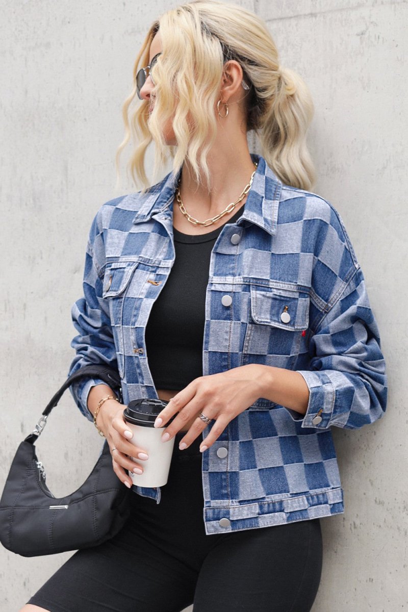 Checkered Button Up Long Sleeve Denim Jacket - Outerwear