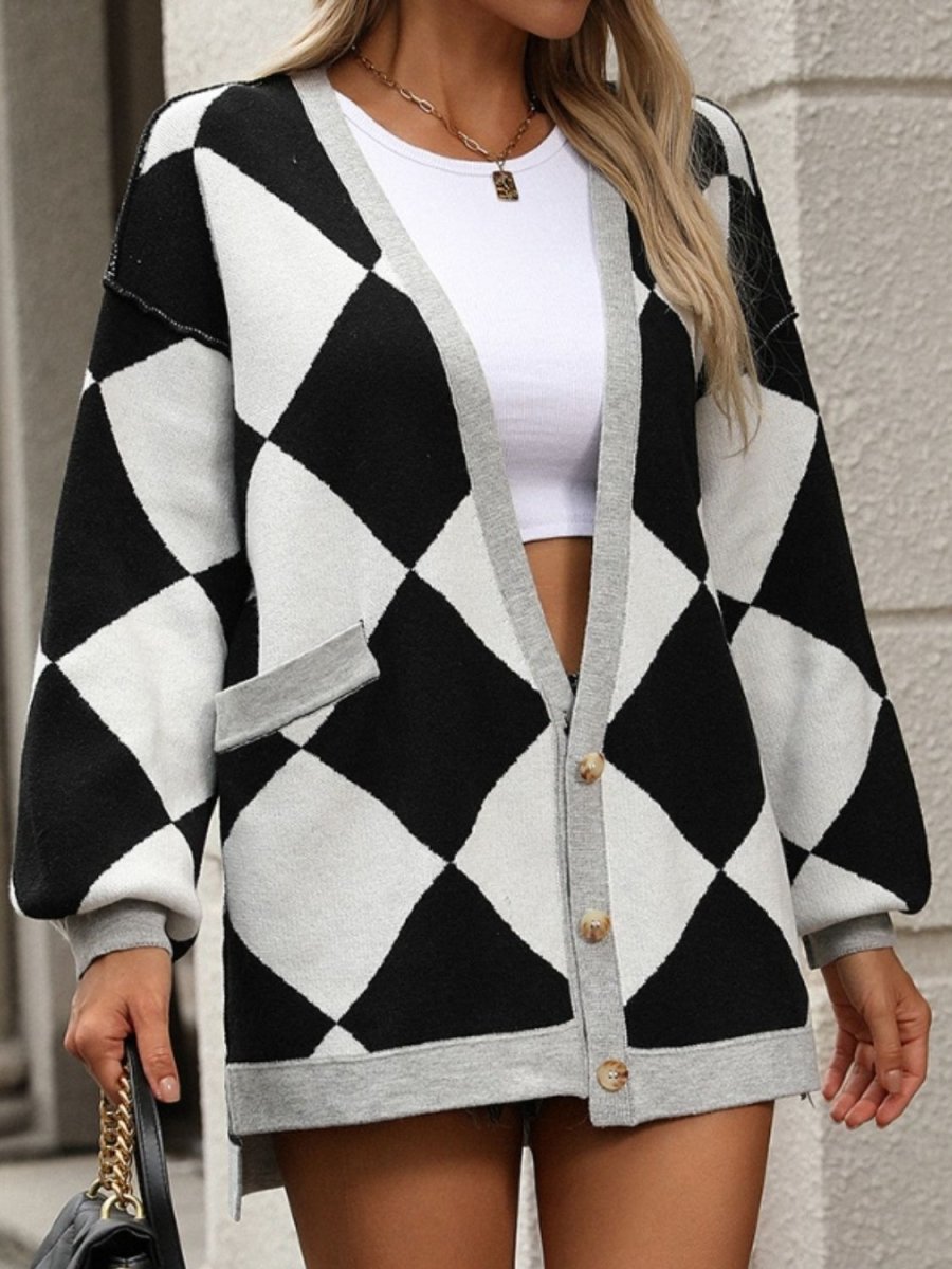 Checkered Dropped Shoulder Long Sleeve Cardigan - Outerwear