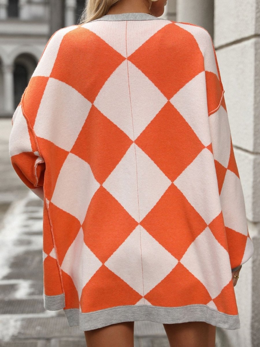 Checkered Dropped Shoulder Long Sleeve Cardigan - Outerwear