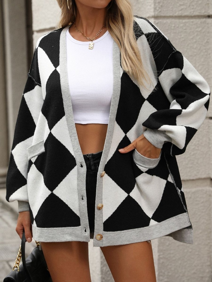 Checkered Dropped Shoulder Long Sleeve Cardigan - Outerwear