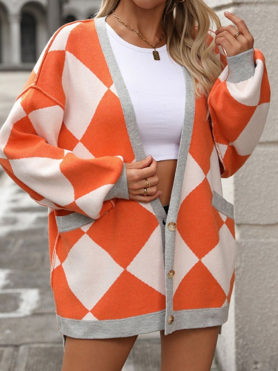 Checkered Dropped Shoulder Long Sleeve Cardigan - Outerwear