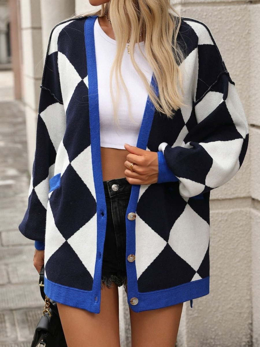 Checkered Dropped Shoulder Long Sleeve Cardigan - Outerwear