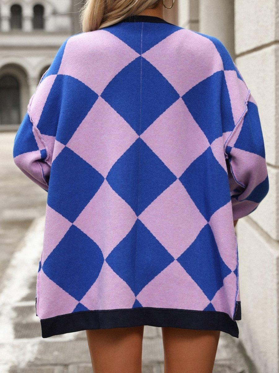 Checkered Dropped Shoulder Long Sleeve Cardigan - Outerwear