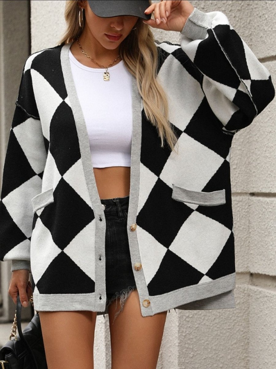 Checkered Dropped Shoulder Long Sleeve Cardigan - Outerwear