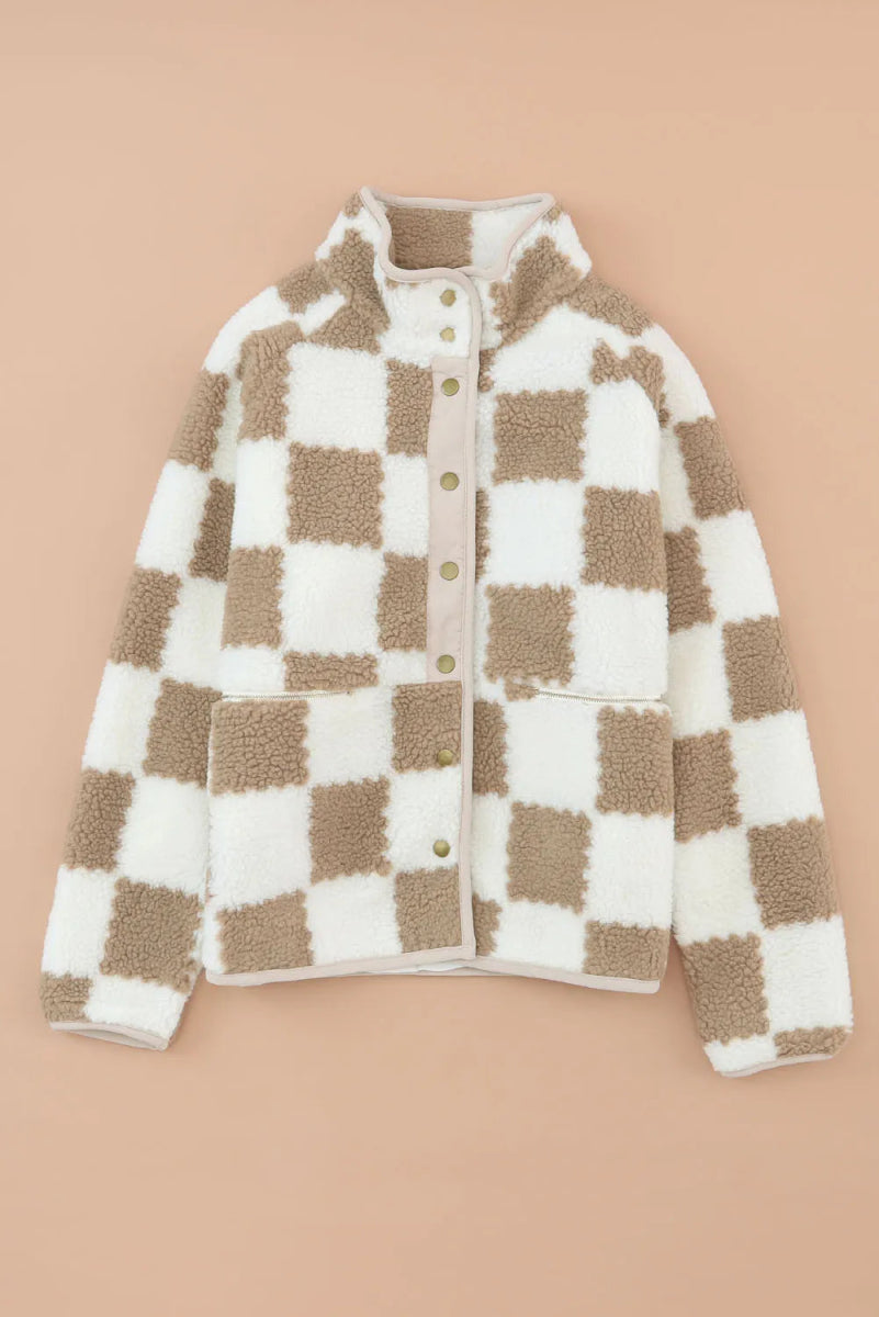 Checkered Snap Down Long Sleeve Jacket - Outerwear