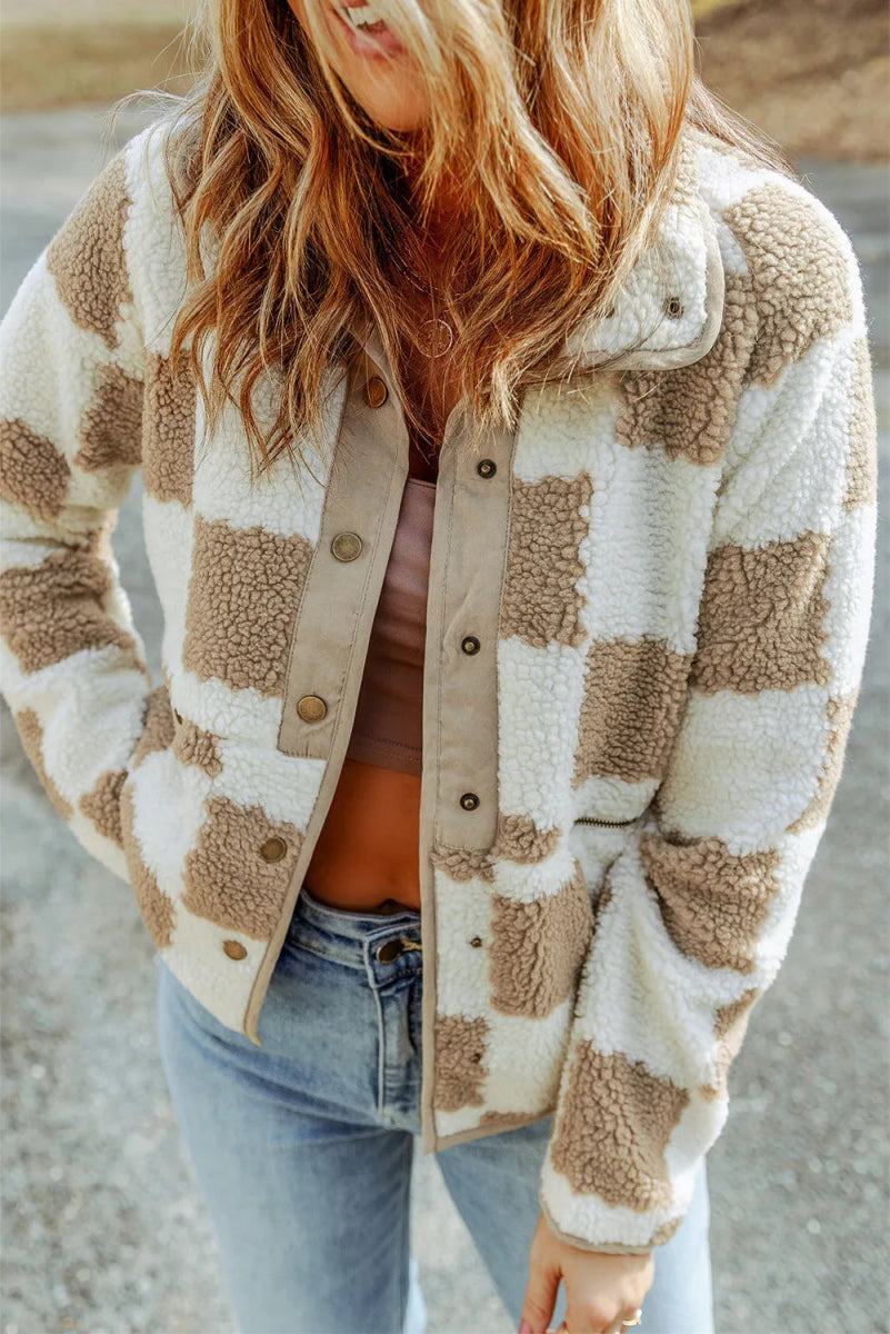 Checkered Snap Down Long Sleeve Jacket - Outerwear
