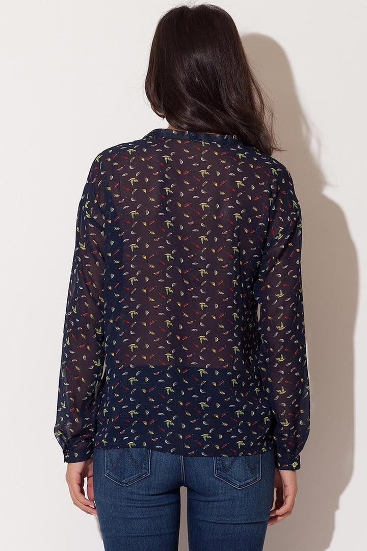 Chic Chiffon Shirt – Tie Neckline, Bird Print, and Delicate Sheer Style - Top