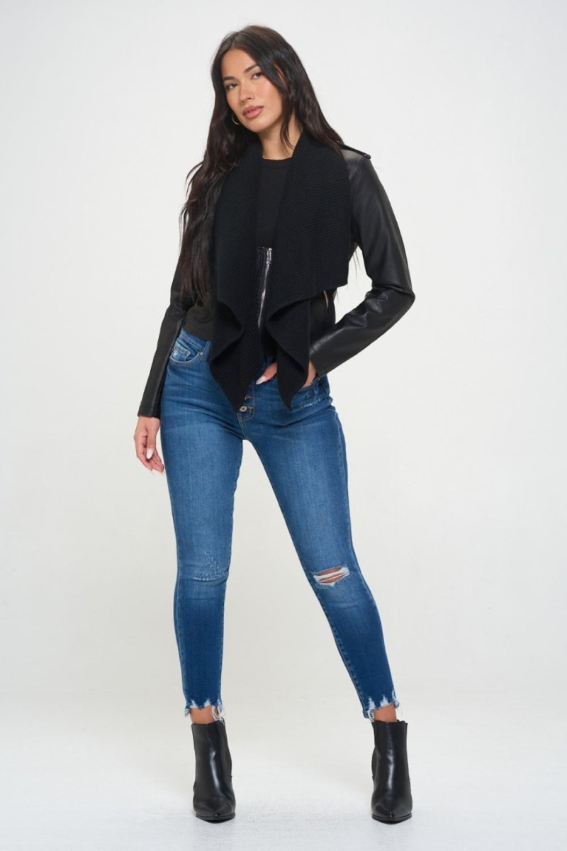 Coalition LA Knit Collared Faux Leather Crop Jacket - Outerwear