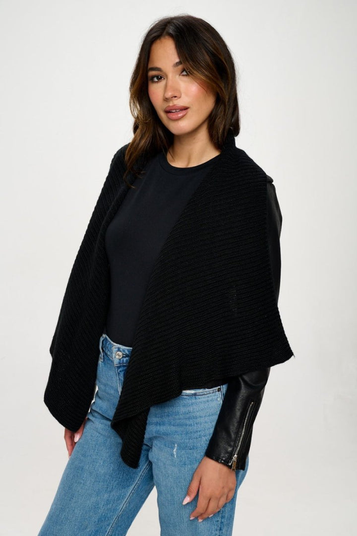 Coalition LA Knit Collared Faux Leather Crop Jacket - Outerwear