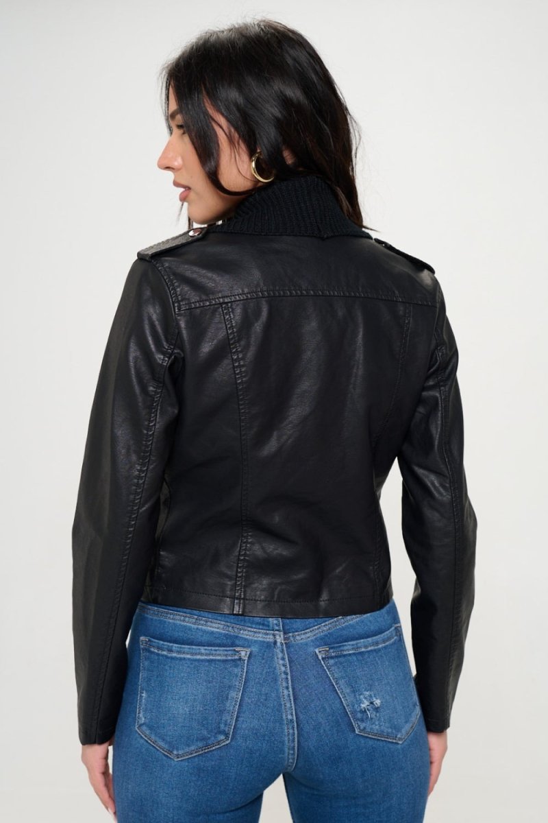 Coalition LA Knit Collared Faux Leather Crop Jacket - Outerwear