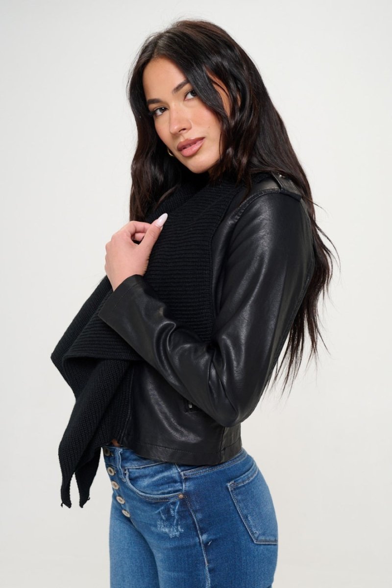 Coalition LA Knit Collared Faux Leather Crop Jacket - Outerwear