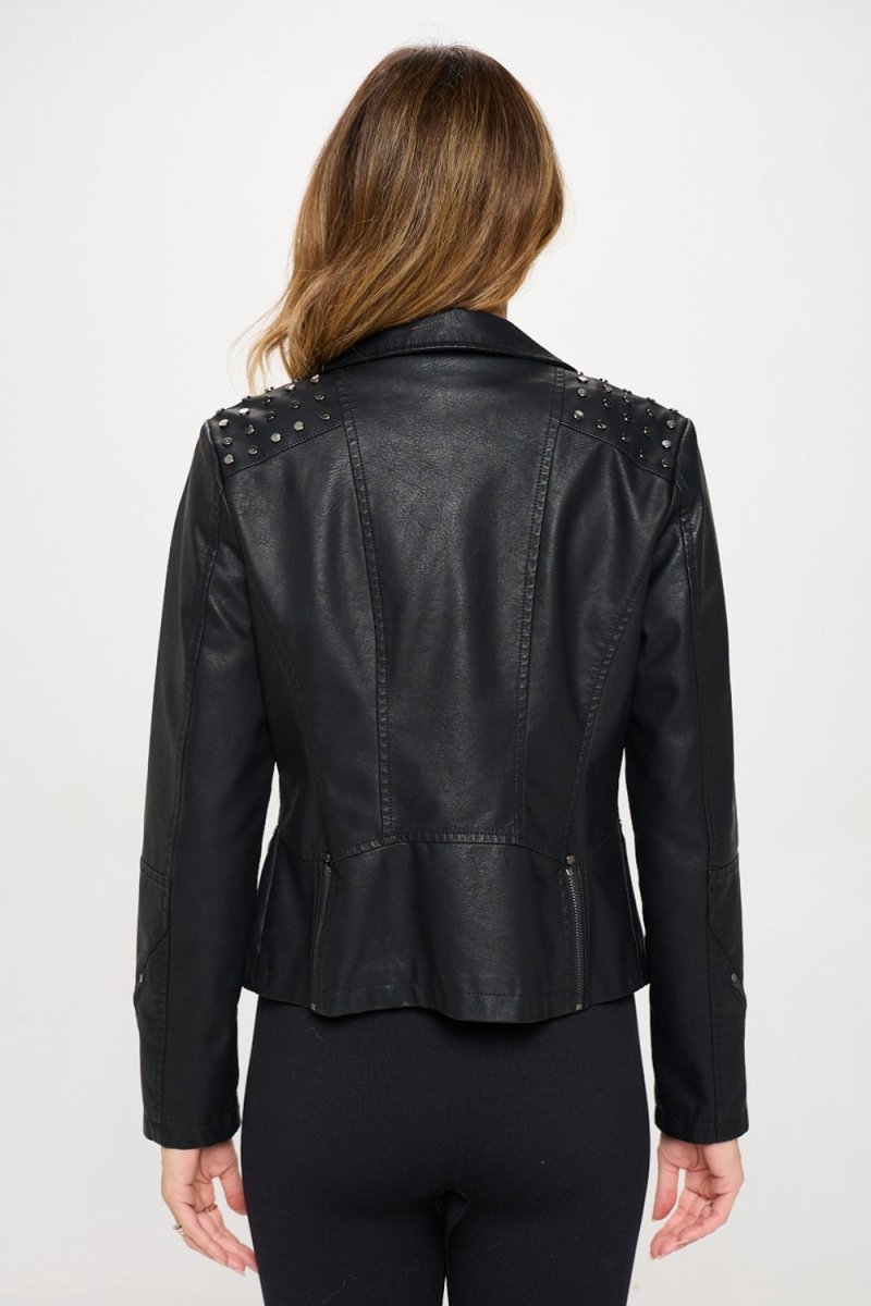 Coalition LA Studded Classic Moto Faux Leather Jacket - Outerwear