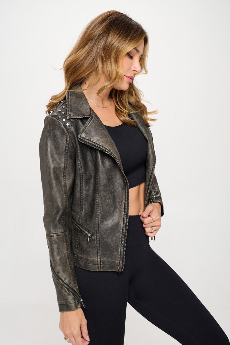 Coalition LA Studded Classic Moto Faux Leather Jacket - Outerwear