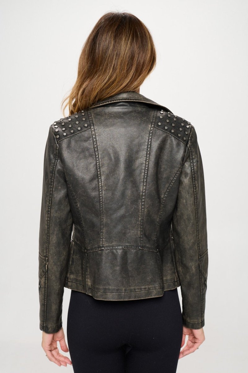 Coalition LA Studded Classic Moto Faux Leather Jacket - Outerwear