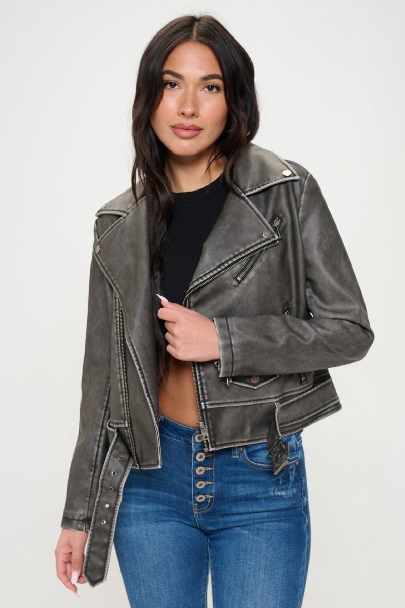 Coalition LA Zip Up Biker Jacket with Belt - Outerwear