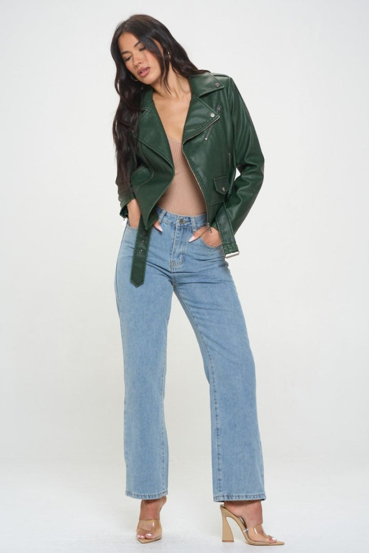 Coalition LA Zip Up Biker Jacket with Belt - Outerwear