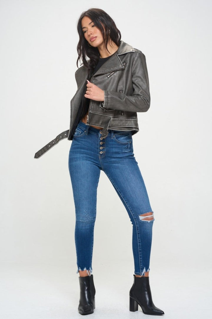 Coalition LA Zip Up Biker Jacket with Belt - Outerwear