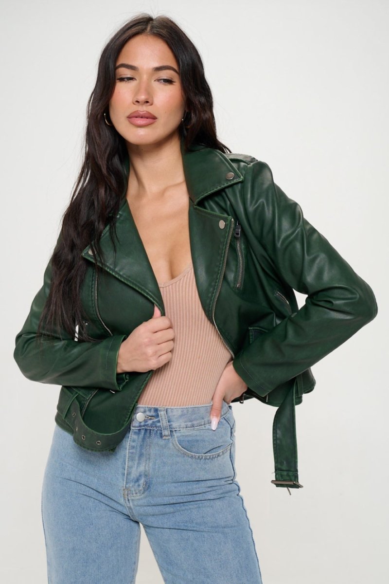Coalition LA Zip Up Biker Jacket with Belt - Outerwear