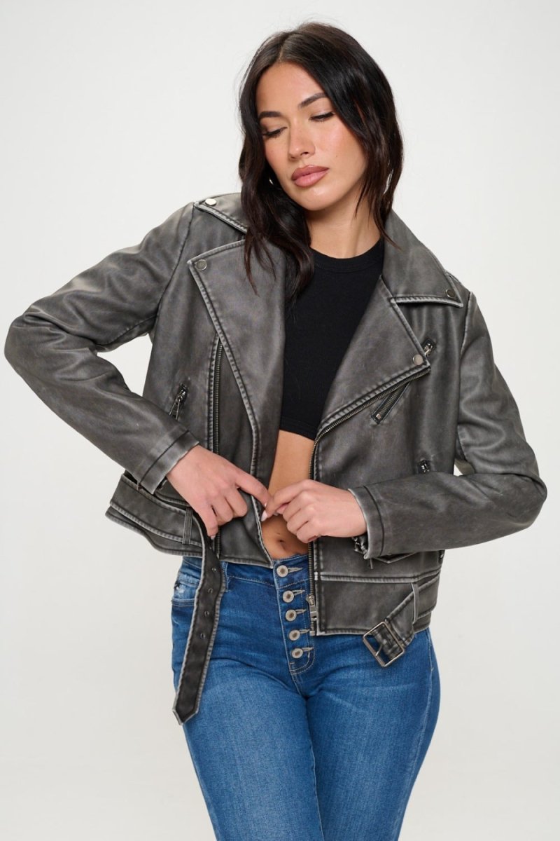 Coalition LA Zip Up Biker Jacket with Belt - Outerwear