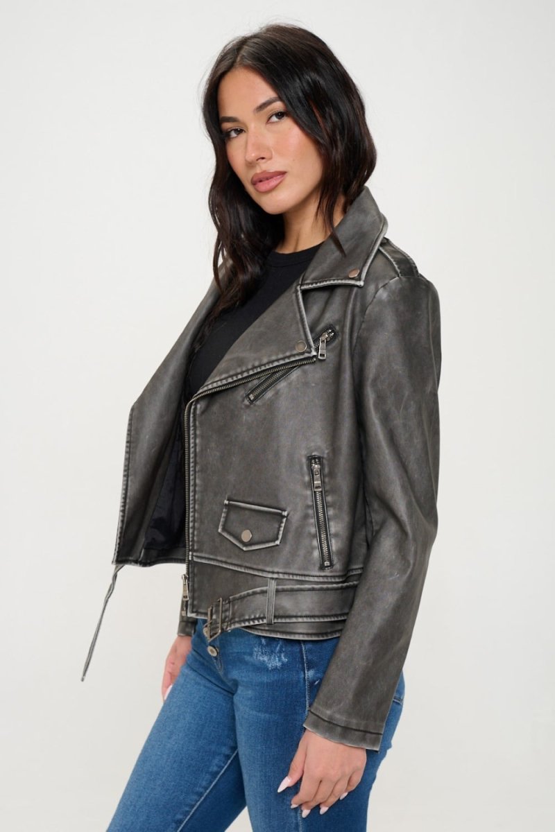 Coalition LA Zip Up Biker Jacket with Belt - Outerwear