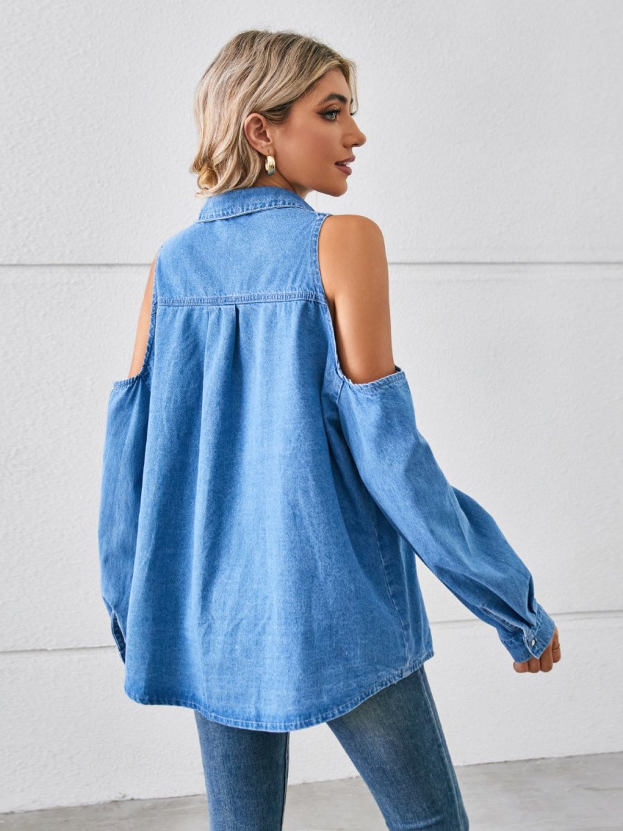 Cold Shoulder Pocketed Button Up Denim Jacket - Outerwear