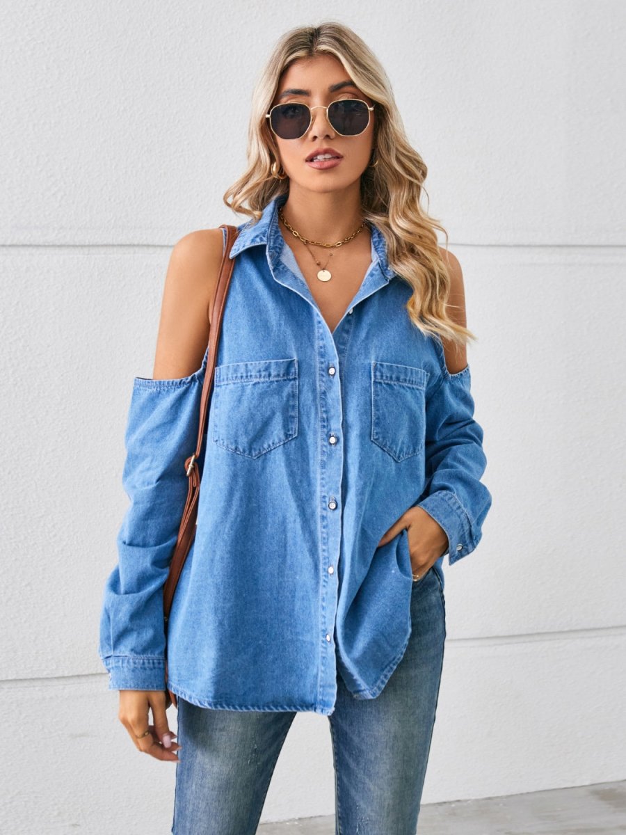 Cold Shoulder Pocketed Button Up Denim Jacket - Outerwear