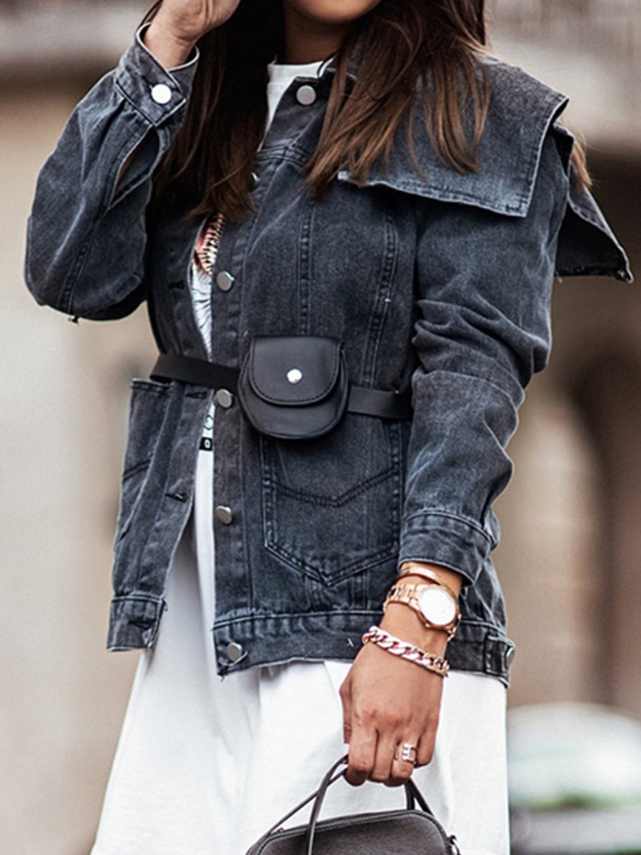Collared Neck Button Down Denim Jacket - Outerwear