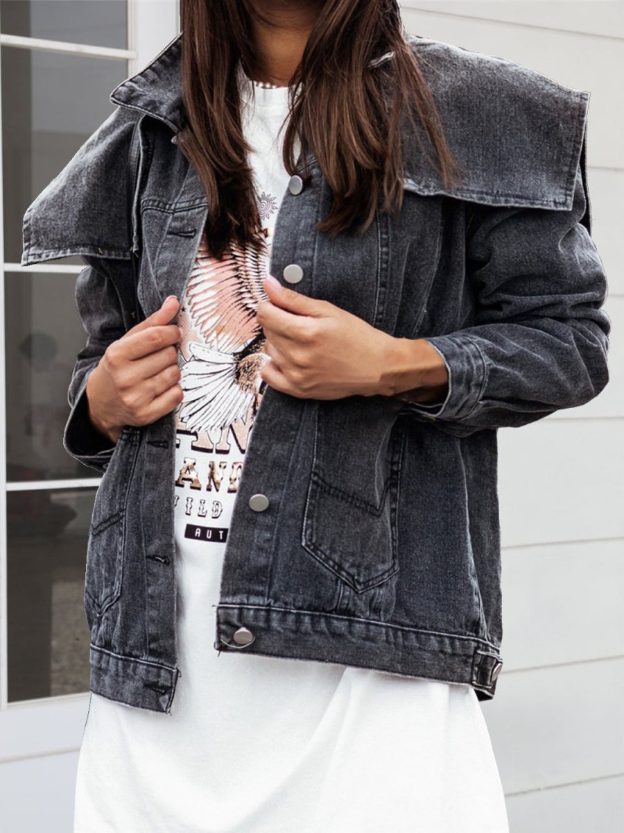 Collared Neck Button Down Denim Jacket - Outerwear