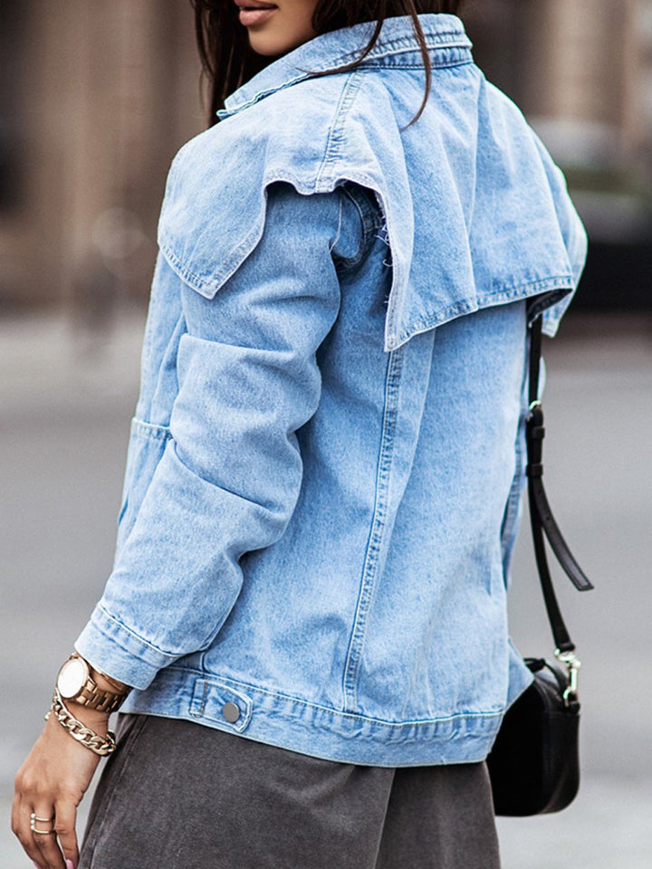 Collared Neck Button Down Denim Jacket - Outerwear