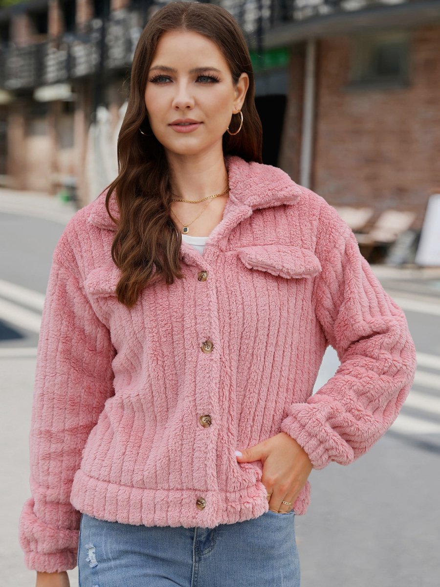 Collared Neck Button Up Jacket - Outerwear