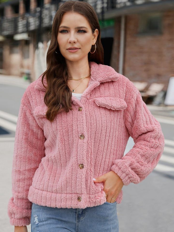 Collared Neck Button Up Jacket - Outerwear