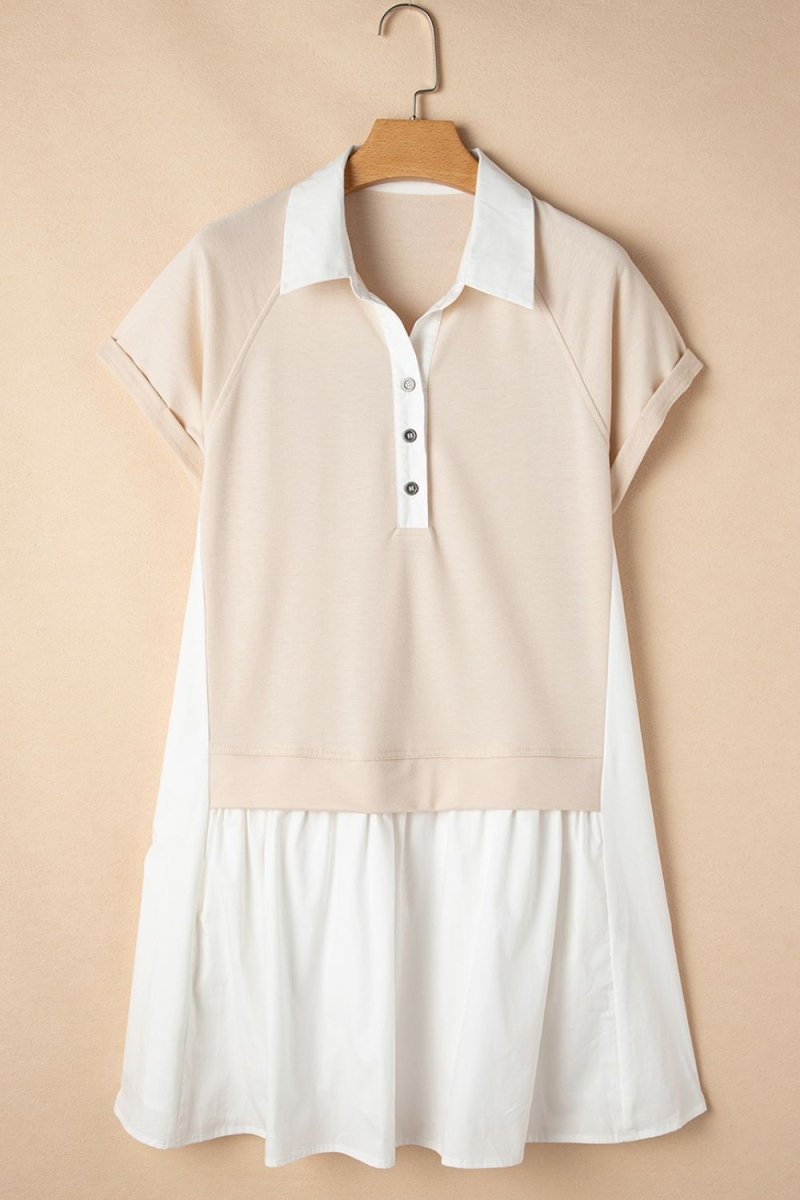 Collared Neck Buttoned Patchwork Short Sleeve Mini Dress - New Arrivals
