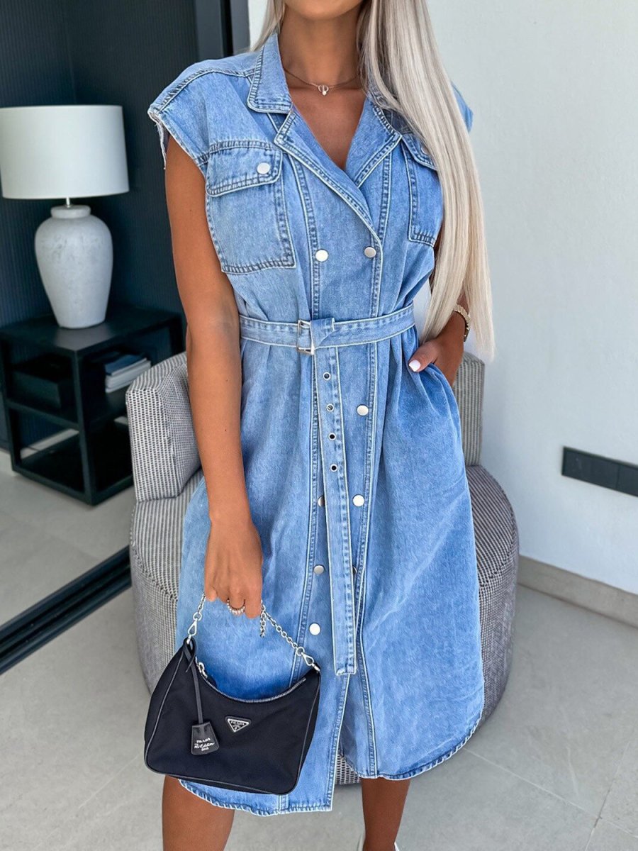 Collared Neck Cap Sleeve Denim Dress - Denim Dress