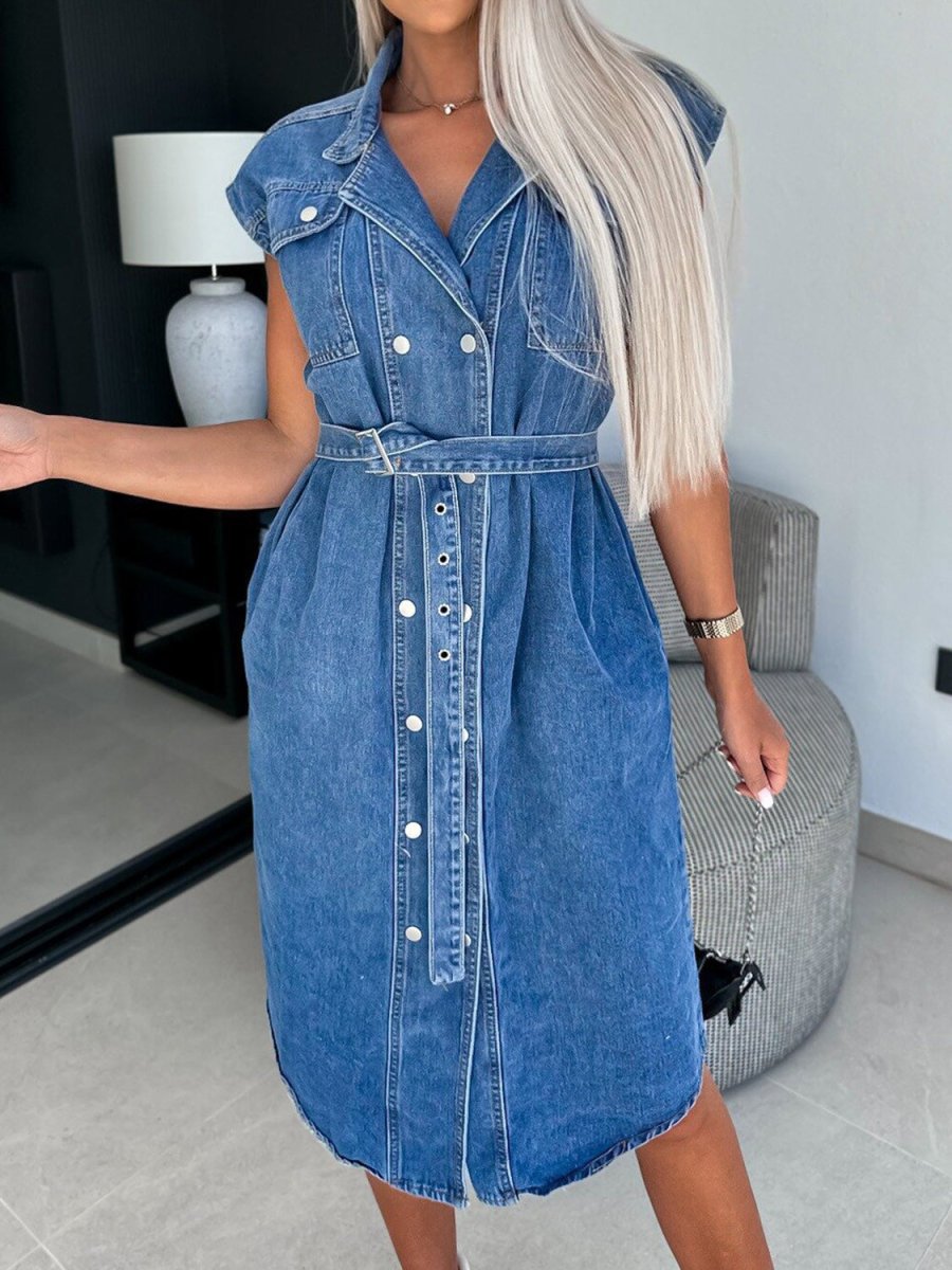 Collared Neck Cap Sleeve Denim Dress - Denim Dress